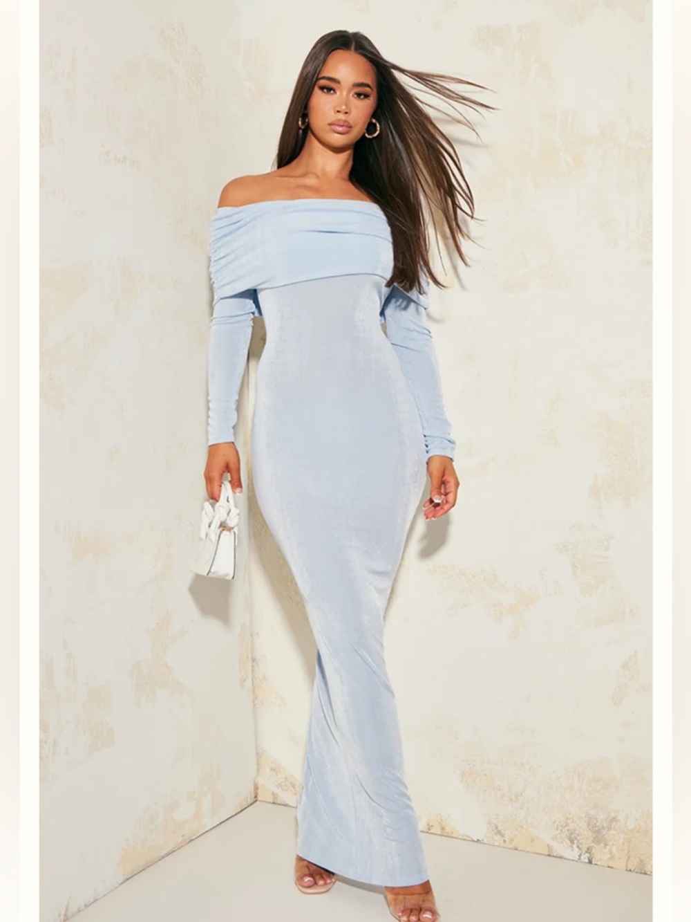 Acetate slinky Bardot long sleeve maxi dress